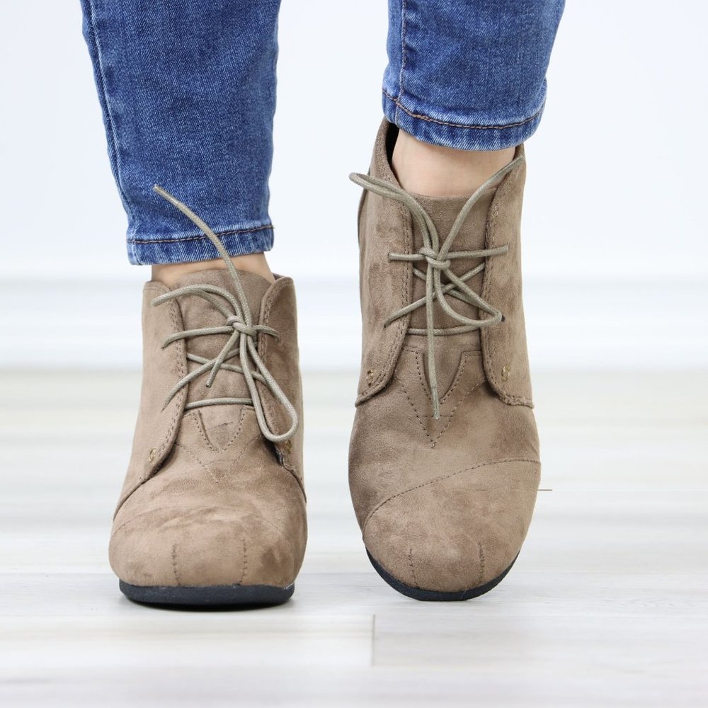 Taupe Faux Suede Round Toe Wedge Heel Lace Up Ankle Boots - Picture 9 of 12